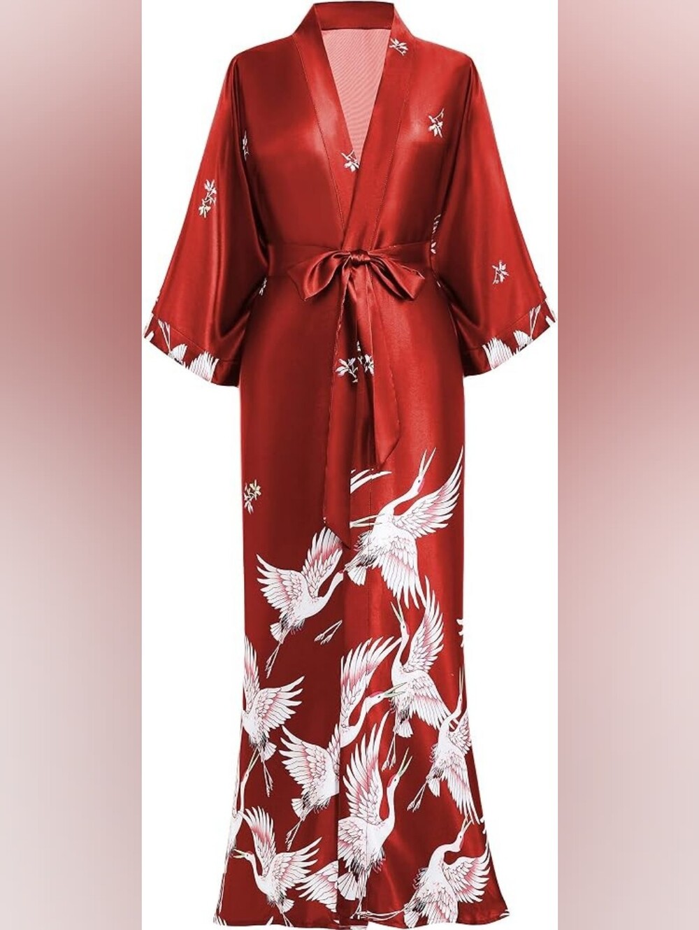 Long Satin Kimono Robe Crane Print Sleepwear Silky Lighweight Side Pockets